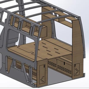 May include: A 3D computer-aided design model of a van interior conversion kit featuring a wooden bed platform with ventilation slots, overhead storage cabinets, and lower side storage units integrated into a grey structural frame.