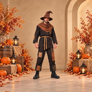 Scarecrow Costume, Dark Patchwork Tunic and Pants with Hat and Scarf