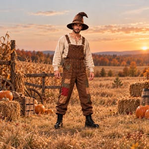 May include: A brown pointed hat, a beige long-sleeved shirt, and brown overalls with multi-colored patches. The overalls feature a bib front with shoulder straps and are worn with black boots. The outfit is designed as a scarecrow costume.