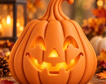 May include: A bright orange jack-o'-lantern pumpkin decoration with a smooth, matte finish. The pumpkin features a carved face with triangular eyes, a triangular nose, and a wide, toothy grin, illuminated from within by a warm yellow light.