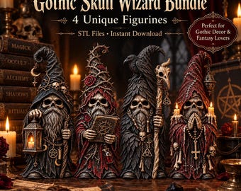 May include: Four skull-faced wizard figurines in a bundle, each wearing a tall pointed hat and robes. The figures feature intricate details like lanterns, books with pentagrams, staffs, and rosaries. The text reads Gothic Skull Wizard Bundle.