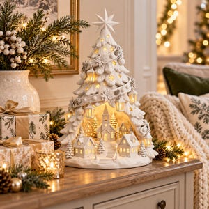 May include: A white ceramic Christmas tree sculpture featuring a hollow centre that reveals a miniature village with a church and houses. The tree is decorated with star cutouts, hanging lanterns, and a star topper, all illuminated from within.