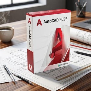 Pode incluir: Uma caixa de software retangular branca e vermelha com o rótulo AutoCAD 2025 e o logótipo da Autodesk. A caixa apresenta um gráfico grande da letra A em vermelho. Está colocada sobre uma secretária com plantas arquitetónicas e réguas.