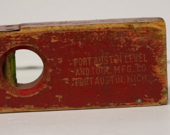 Vintage Red Painted 12" Wood Carpenter Tool Bubble Level Desk Top Display Port Austin Michigan