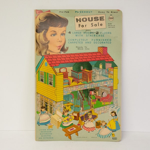 Vintage Mid Century Dollhouse Punch Out Litho Heavy Stock Childrens Giant Construction Book Toy
