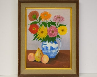 Vintage Mid Century Impressionist Still Life Oil Painting on Board Zinnia Indigo Blue Pitcher and Fruit Artist Signed