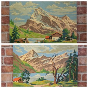 Vintage Pair of Mid Century Paint By Numbers Completed Oil Paintings Mountain Scenes Ski Lodge Decor PBN