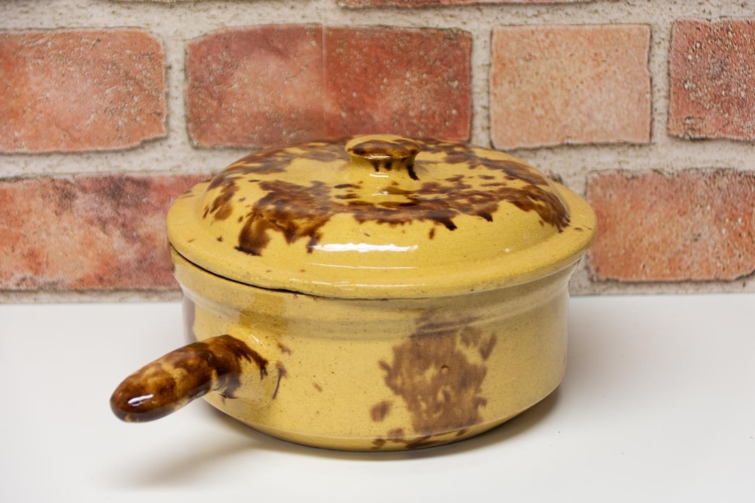 Antique Rockingham Sponge Glazed Yellowware Pottery Pipkin Handled Pot ...
