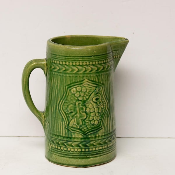 Antique McCoy Stoneware Pottery Green Grape Leaf Pitcher