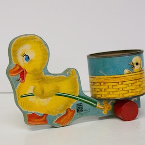 Vintage Midcentury Fisher Price Pull Toy Easter Rabbit Basket Cart Duck Fisher Price Toys No. 6