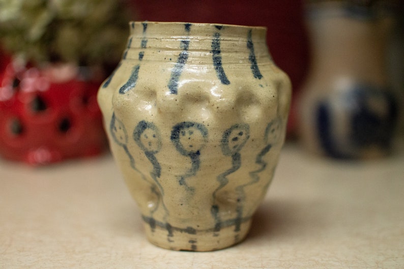 Hand Thrown and Formed Stoneware Blue Cobalt Art Pottery Vase with Faces