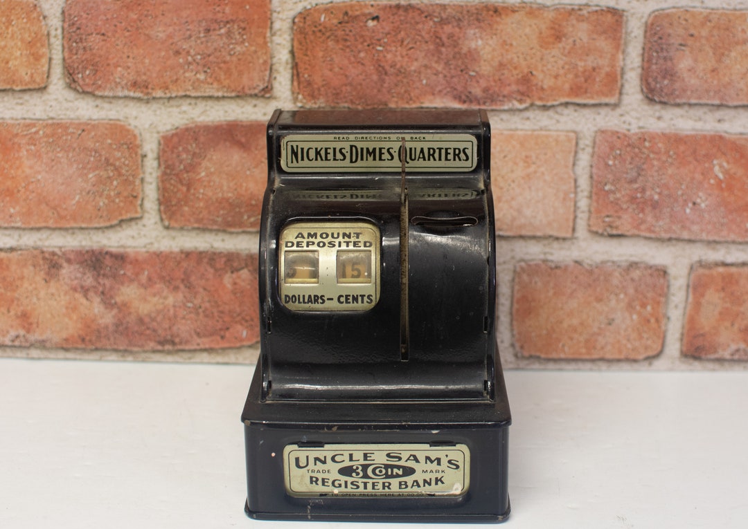 Vintage Durable Toy & Novelty Co Uncle Sam's 3 Coin Tin Register Bank