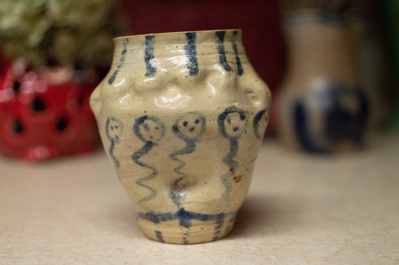 Hand Thrown and Formed Stoneware Blue Cobalt Art Pottery Vase with Faces