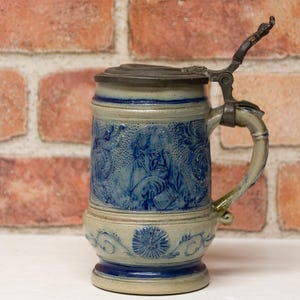 Antique Whites Utica, NY Pottery Stoneware Stein Incised Blue Decorated Beer Stein with Pewter Lid
