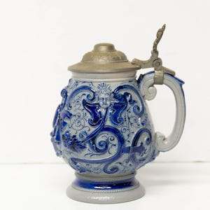 Antique German Westerwald Saltglaze Pottery Stein Blue Grey with Pewter Lid