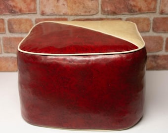 MCM Red and Cream Upholstered Footstool Ottoman Kitsch Vinyl Pouffe