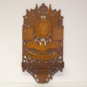 Rare Antique Folk Art God Bless America WWI Memorial Woodcut Fretwork Wall Shelf Plaque Eagle Flag