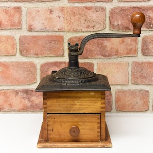 Antique Wood and Cast Iron Coffee Grinder Mill Primitive Country Kitchen Folk Art Decor