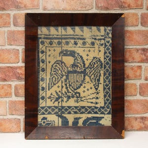 Antique Framed U.S. American Eagle, Stars, Arrows Blue and White Jacquard Coverlet Fragment ca 1840