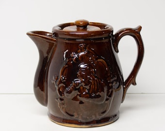 Antique Rockingham Bennington Brown Glaze Pitcher Beer Ale Jug Embossed Yellowware Pottery