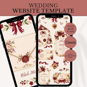 Pode incluir: Um modelo de site de casamento em dois smartphones, com fundo creme, laços bordô, rosas vermelhas, corações dourados e selos de cera. O texto inclui "WEDDING WEBSITE TEMPLATE," "WITH RSVP FORM," "Canva," e "WITH COUNTDOWN TIME."