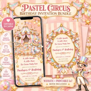 May include: A Pastel Circus birthday invitation bundle featuring a smartphone displaying a digital invite and a printed card. Both show a circus tent, a clown, and text reading A Little Sparkle, A Little Shine, It's Circus Party Time.