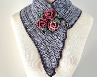 Floral Rose Scarf in gray merino wool, rose floral brooch, unique lace scarf, gray scarf, womens scarf, scarves, scarf, gray scarves