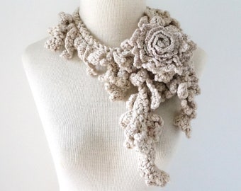 Floral Accent scarf in ivory beige with a rose brooch, perfect for spring and summer, scarf, womens scarf, floral scarf, rose scarf