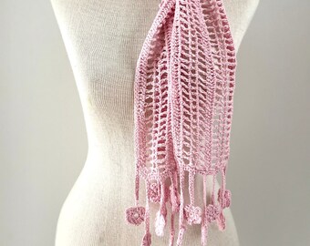 Floral Blossom Fringe scarf, Silk Scarf in a beautiful light pink colour, accented with a floral fringe and an elegant lace base