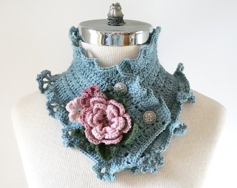 Floral Lace Scarf in a merino wool blend, unique lace scarf, blue scarf, lace scarf, pink flowers, womens scarf, scarves, lace scarf,