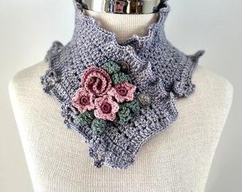 Floral Rose Scarf in gray cashmere merino wool blend, pink roses and other flowers, unique lace scarf, womens scarf, scarves, scarf,