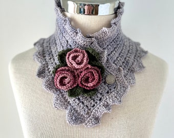 Rose Scarf in cashmere merino wool blend, roses and leaf accents, unique lace scarf, gray scarf, womens scarf, scarves, scarf, rose scarf