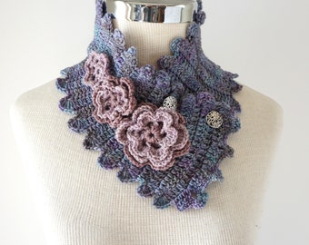 Floral Essence Scarf with a various flowers in pink, mauve, merino wool, womens scarf, ready to ship, scarf, scarves, floral scarf, crochet