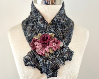 Floral Rose Scarf in gray hand painted merino wool, burgundy & pink roses and other flowers, unique lace scarf, womens scarf, scarves, scarf