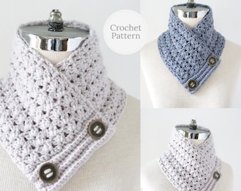 May include: Crochet pattern for a cowl with a button closure. The cowl is shown in two colors: light pink and light blue. The pattern is called "Crochet Pattern".