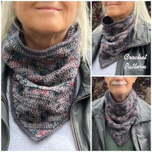 May include: A triangular crochet cowl scarf featuring a variegated yarn pattern with flecks of grey, blue, pink, and green. The textured accessory is worn around the neck and features a pointed front design. The text "Crochet Pattern" is visible.