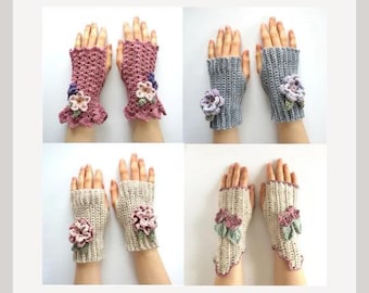 May include: Crochet Pattern Bundle. The image shows four pairs of fingerless gloves in various colors: pink, gray, and cream. Each pair is adorned with a crocheted flower. The text "Crochet Pattern Bundle" is at the top.