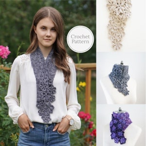 May include: A crochet pattern for a floral lace scarf. The scarf is shown in three different colors: gray, beige, and purple. The pattern is called "Crochet Pattern".