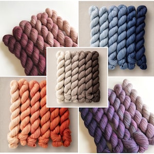 May include: Six sets of gradient yarn skeins in various colours, including a set of deep red to light pink, a set of light blue to dark blue, a set of light beige to dark brown, a set of orange to red, and a set of purple to light lavender.
