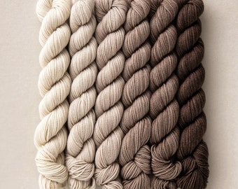 Beige to brown yarn, mini skein yarn, Sweetgeorgia Yarn, Cobblestone Fade colour way gradient mini skeins, 3 ply sock yarn merino wool