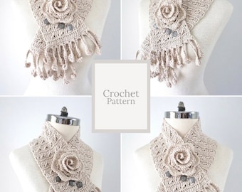 Floral Rose Scarf crochet pattern with a beautiful rose brooch accent, rose scarf pattern, crochet scarf pattern, scarf pattern for women