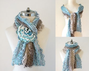 Seashore scarf in blue and beige with a ocean waves brooch, merino wool blend, wear with or without the brooch, scarf, beach scarf, scarves