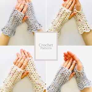 May include: A crochet pattern for fingerless gloves. The pattern includes two color variations: a light gray and a cream color. The gloves feature a delicate lace design and a scalloped edge.