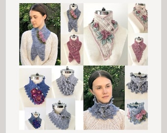 Può includere: Una collezione di 10 schemi all'uncinetto per scaldacollo con decorazioni floreali. Gli schemi includono una varietà di colori e stili, tra cui blu, rosa e bianco.