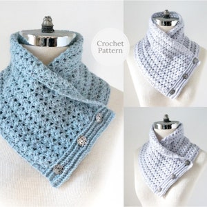 May include: Two crocheted neck warmers with button closures. One is light blue and the other is light gray.  Crochet Pattern.