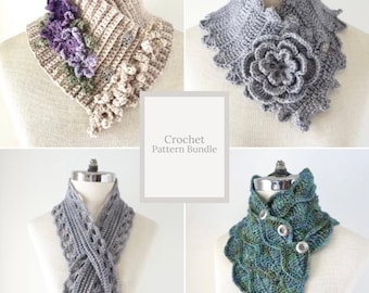 Crochet Pattern Collection #9 combo using DK weight yarns, includes 4 crochet scarf patterns, floral & contemporary crochet patterns