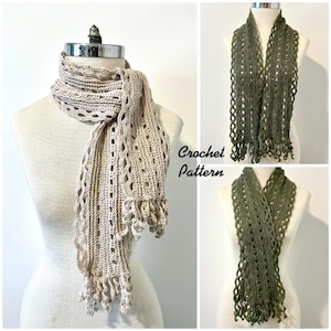Puede incluir: Bufanda de ganchillo beige con un delicado diseño calado y detalles de flecos. La bufanda se muestra en un maniquí, mostrando su textura y caída. Imágenes adicionales muestran la bufanda en verde oliva. El texto "Crochet Pattern" es visible.