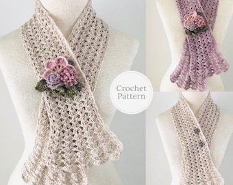 Floral Lace Scarf Crochet pattern with a floral brooch, elegant scarf pattern, lace scarf pattern, scarf crochet pattern, scarf pattern, l