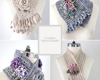 Crochet Pattern Collection #3 Floral Tea Garden, includes 4 crochet scarf patterns with floral touch, crochet scarf patterns, scarf patterns