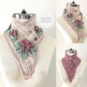May include: A beige crocheted neck warmer with a triangular design, embellished with crocheted flowers and leaves. It has a pink trim and decorative buttons. The image includes the text "Crochet Pattern".